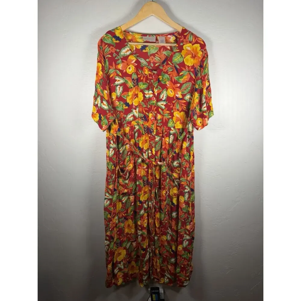 Women’s Cabernet Vibrant Summer Floral Size 1X Button Blouse BeltTie Maxi Dress - Picture 5 of 11